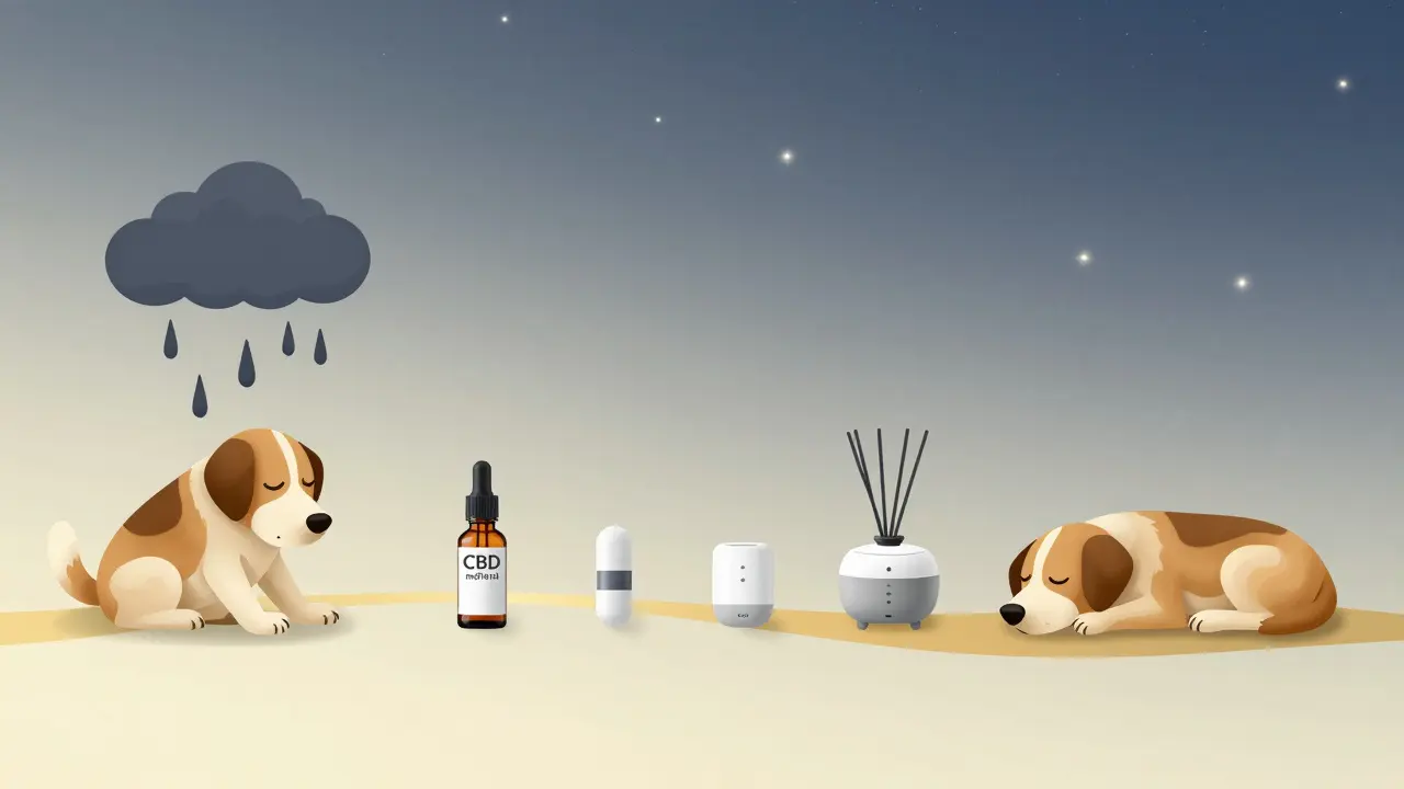 Časová osa od úzkosti psa k klidu: CBD, melatonin, feromon a klidný spánek.