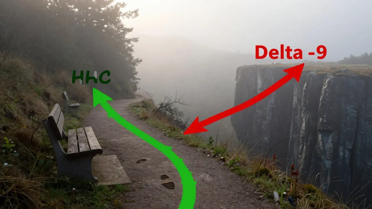 Cesta lesem: jedna cesta vede k klidné lavičce, druhá k strmému okraji, symbolizující volbu pro úzkost.