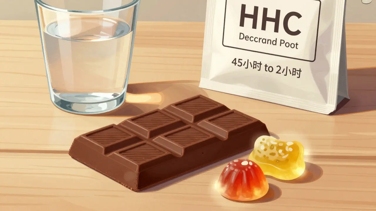 Čokoláda a bonbóny na stole s vodou, symbolizující pomalé působení HHC při užívání jídlem.