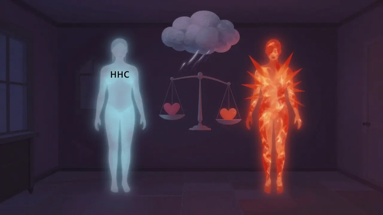 Dvě abstraktní postavy symbolizují HHC a Delta-9, mezi nimi váha s srdcem a bouřkou.