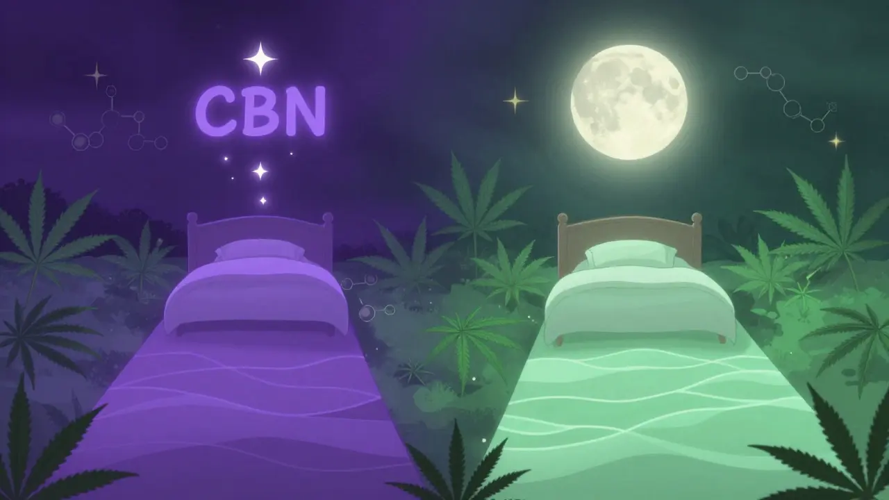 Dvě cesty symbolizující CBN a CBD vedoucí k klidnému spánku pod měsícem.