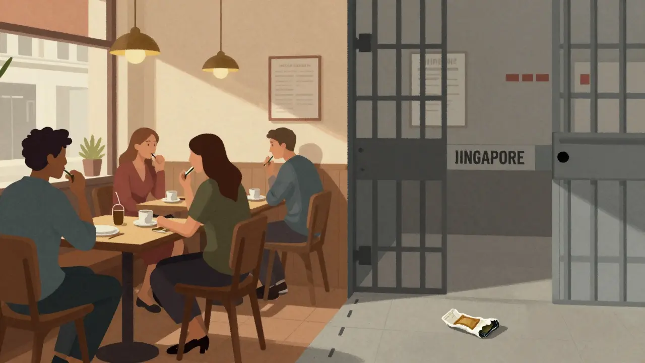 Dvě scény: lidé žvýkají konopíovou žvýkačku v Berlíně a jedna žvýkačka v cele v Singapuru.