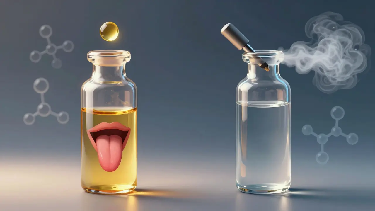 Dvě skleněné lahvičky s CBD olejem a vypařovaným kouřem vedle sebe