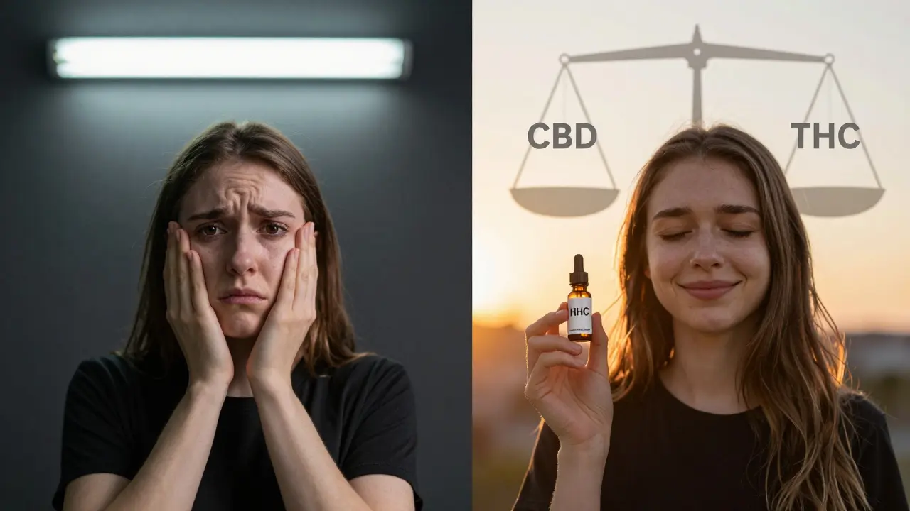 Dvě strany stejné osoby: jedna znepokojená, druhá klidná — symbolizující rozdíl mezi THC a HHC.