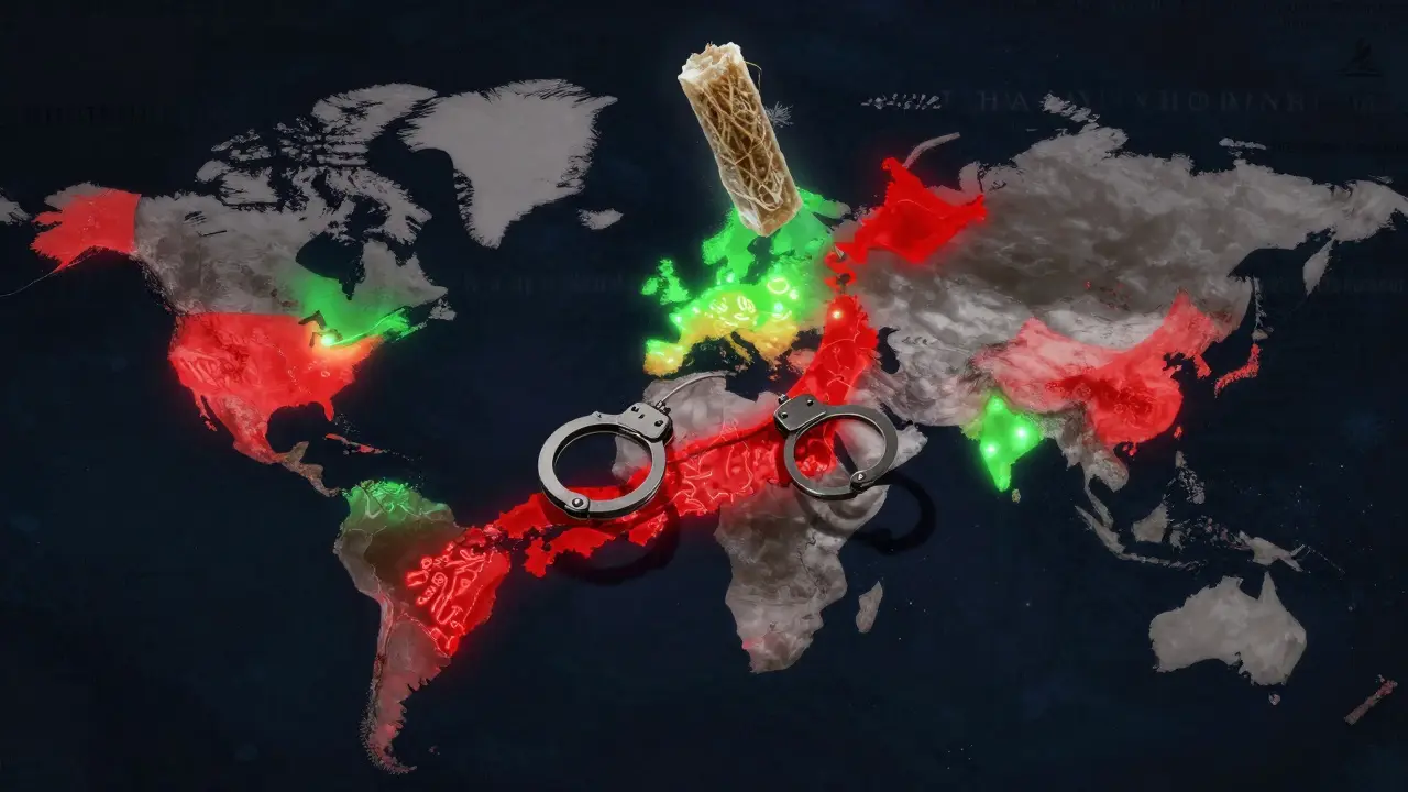 Globální mapa s označenými zeměmi, kde je konopíová žvýkačka legální nebo zakázaná.