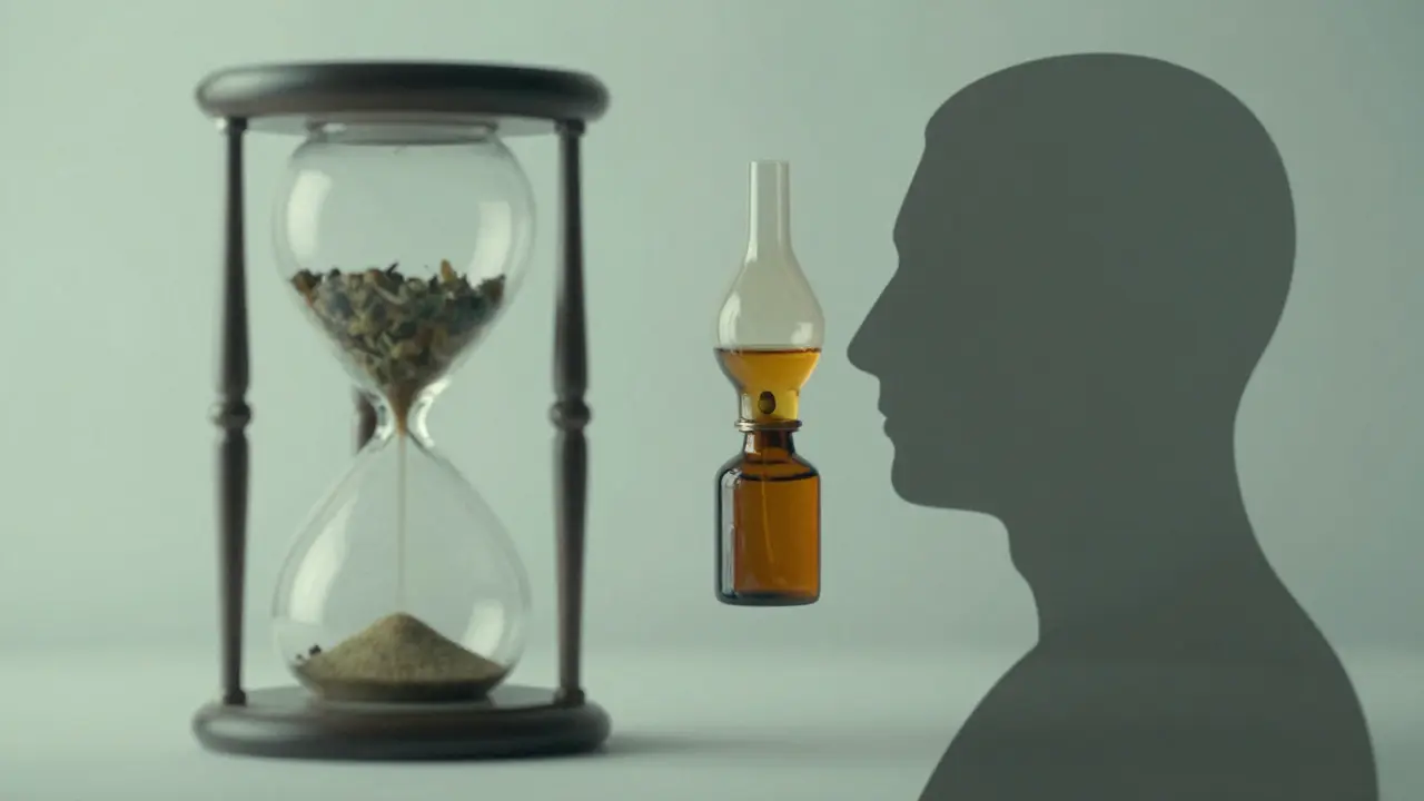 Hodiny rozdělené na rychlý a pomalý účinek CBD, symbolizující rozdílné metody užívání