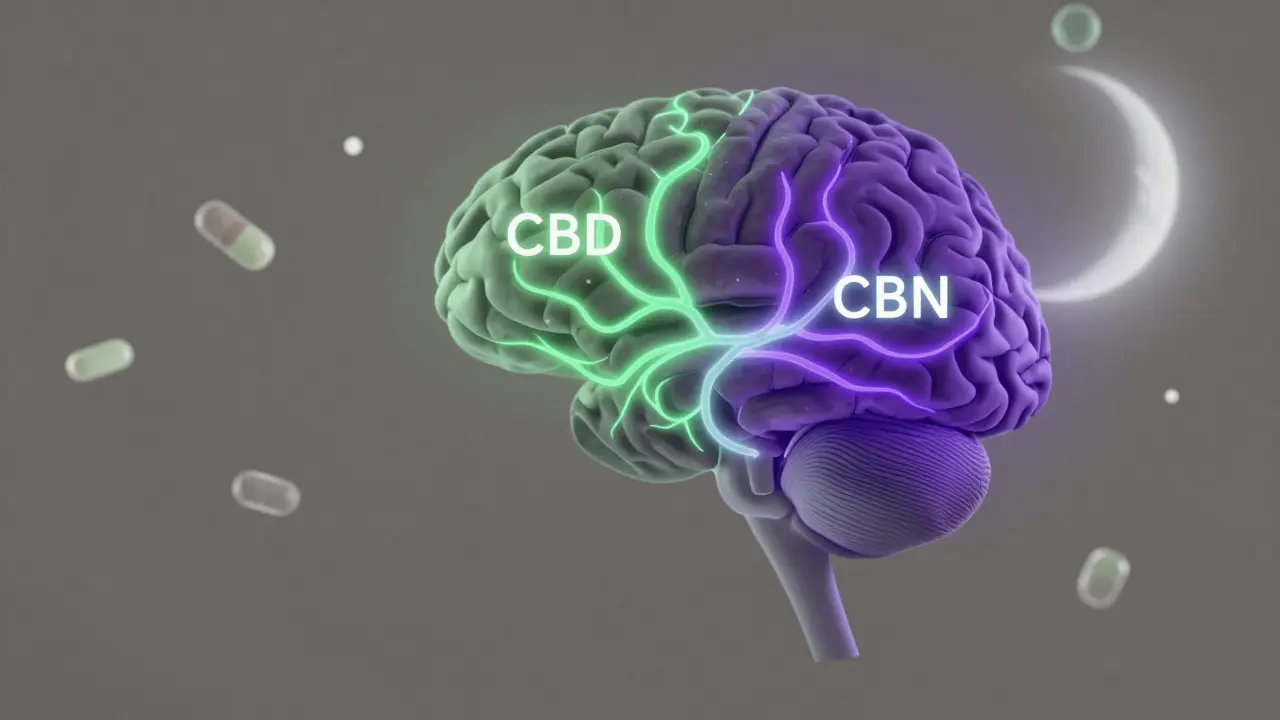 Klíčové oblasti mozku aktivované CBN a CBD během spánku, s výraznými světelnými cestami.