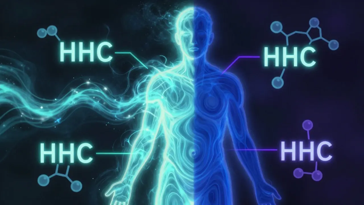 Koncepční obrázek dvou cest působení HHC: rychlé vs. pomalé vstřebávání.