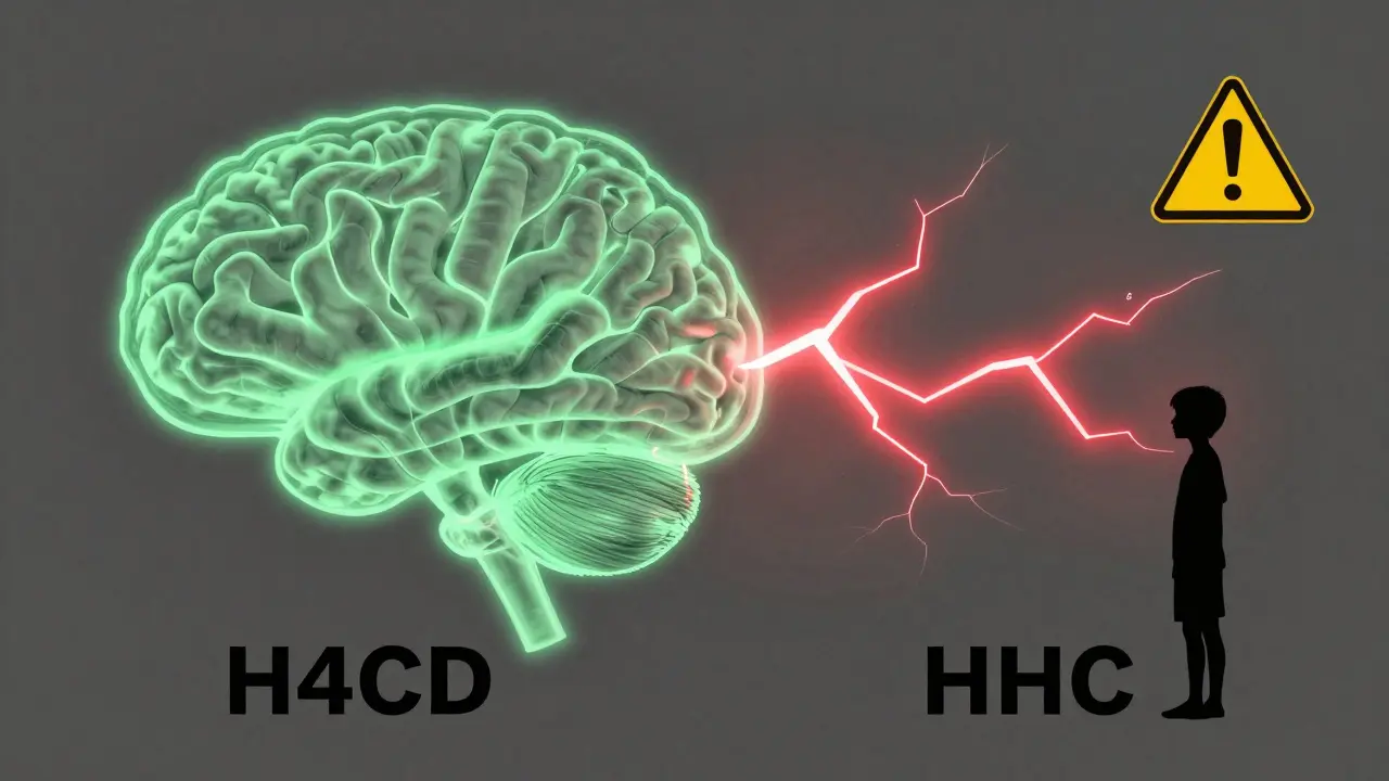 Koncepční obrázek mozku: H4CBD jako klidné zelené vlny, HHC jako agresivní červené blesky.