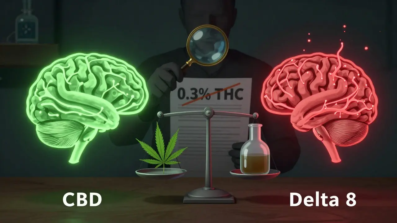 Konceptuální obrázek mozku s rozdílnými reakcemi na CBD a Delta 8, s chemickým nádobím a právním dokumentem.