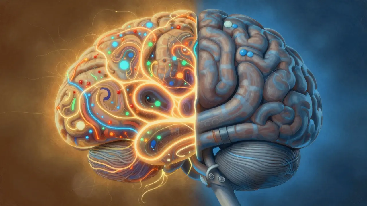 Lidský mozek rozdělený na dvě části: jedna s halucinacemi, druhá s klidnými nervovými signály