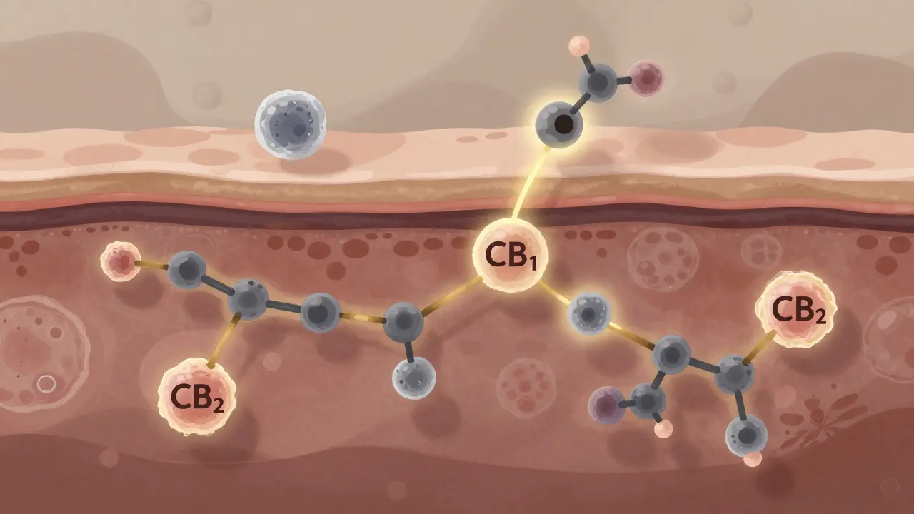 Mikroskopický pohled na cestu CBD molekul skrz kůži k receptorům.