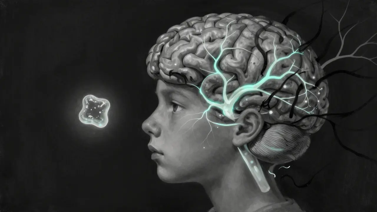 Mladistvý mozek s potlačenými nervovými spojeními pod vlivem CBD gumičky.