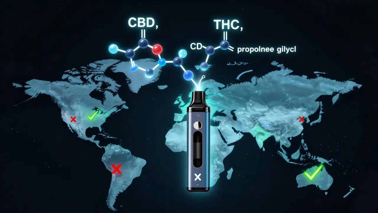 Molekulární struktura CBD a THC nad mapou světa s označenými zakázanými zeměmi.