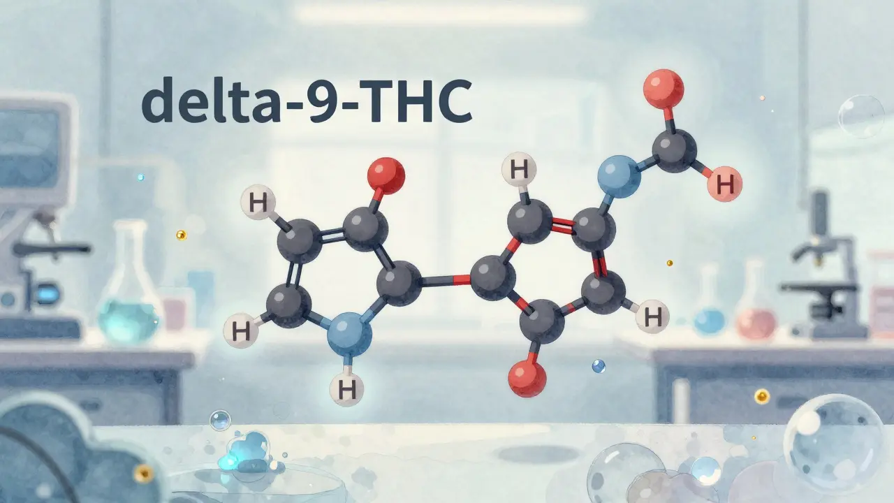 Molekulární struktura THC se mění na HHC s přidanými vodíkovými atomy v laboratorním prostředí.