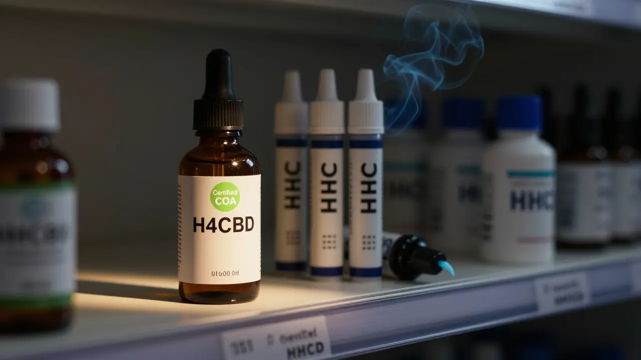Na police v lékárně: certifikovaný H4CBD olej v teplém světle a skryté HHC vapingové pero ve stínu.