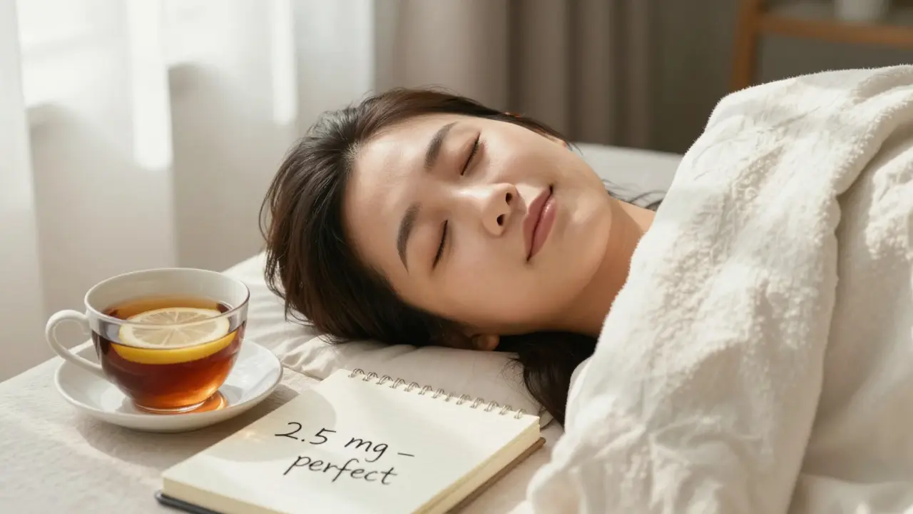 Osoba klidně leží pod přikrývkou s šálkem čaje a zápisníkem u postele.