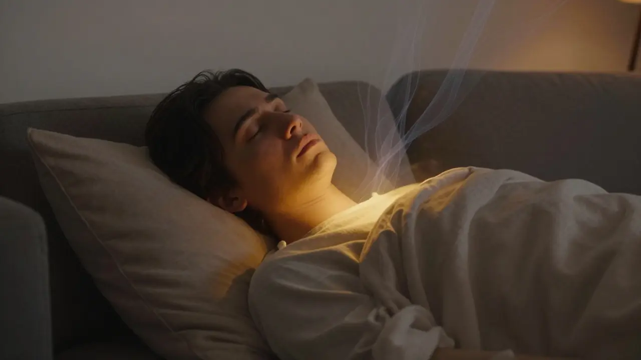 Osoba leží na sofě v soumraku, symbolicky uvolňující stres z těla.