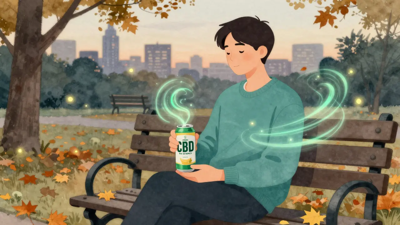 Person sitting peacefully on a park bench at dusk holding a CBD beer, surrounded by autumn leaves.