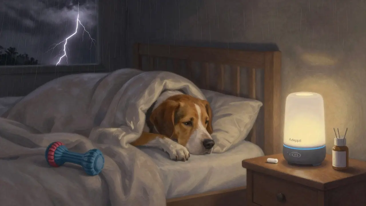 Pes se třese během bouřky, leží pod peřinkou s CBD hračkou a difúzorem na zdi.
