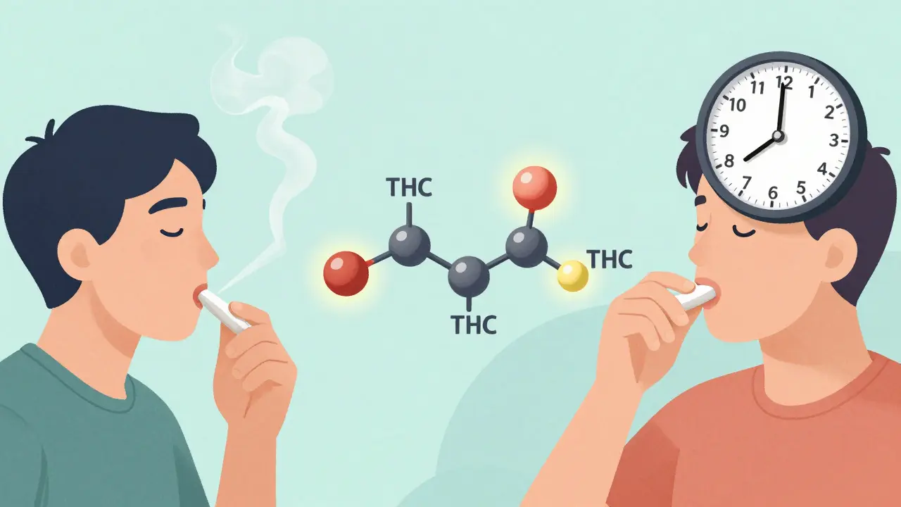 Porovnání rychlého účinku kouření a pomalého účinku edibilů s přeměnou THC.