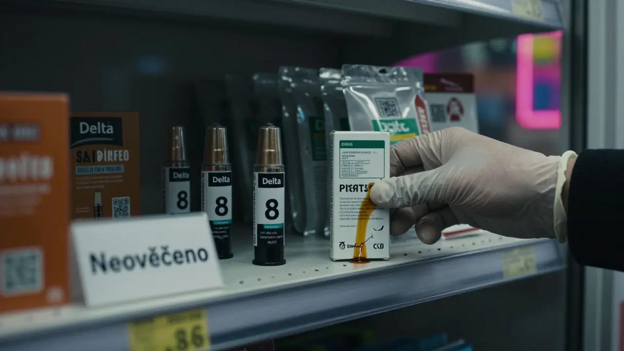 Regály v obchodě s kartridži Delta 8, z nichž jeden teče, zatímco někdo vybírá legální CBD produkt.