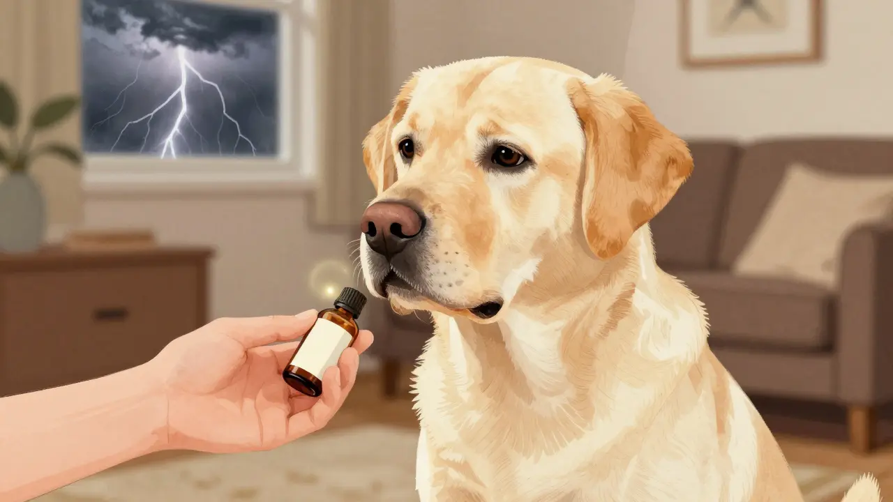 Středně velký labrador dostává CBD olej od svého majitele, za oknem bouřka.