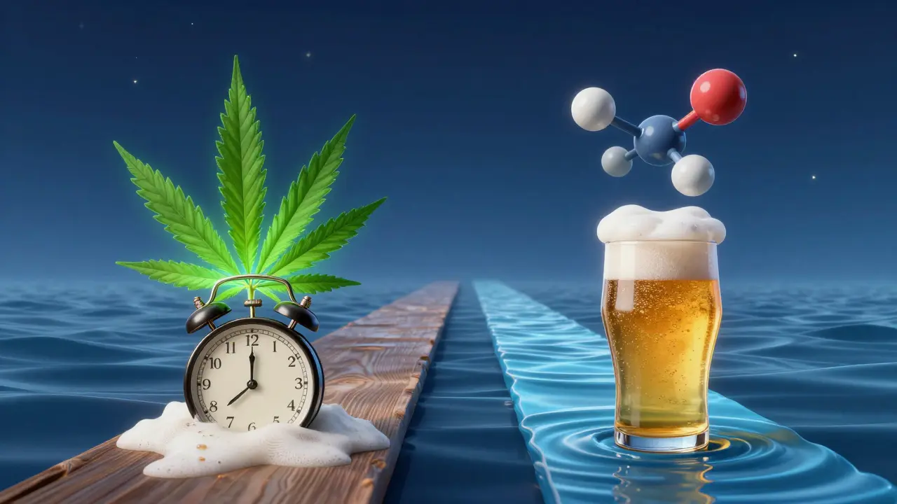 Surreal split image showing THC effects as melting clock and CBD as calming blue waves above beer.