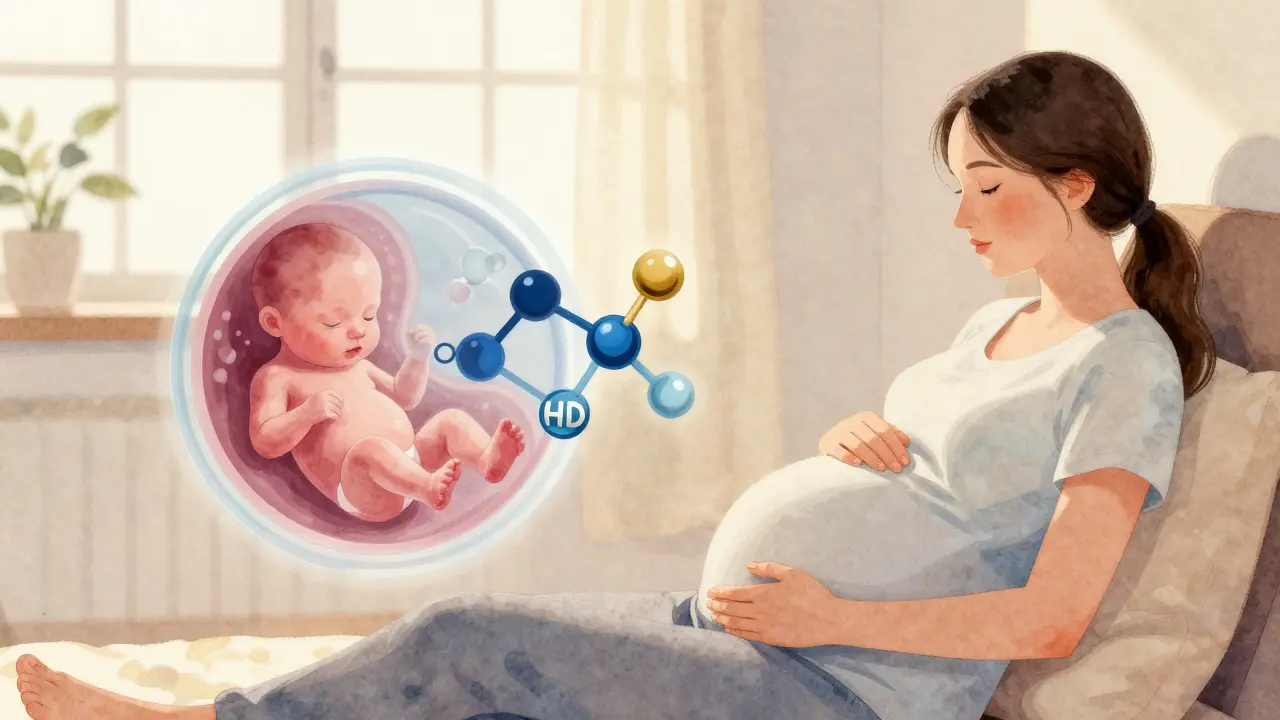 Těhotná žena s transparentním znázorněním CBD molekul přecházejících do plodu.