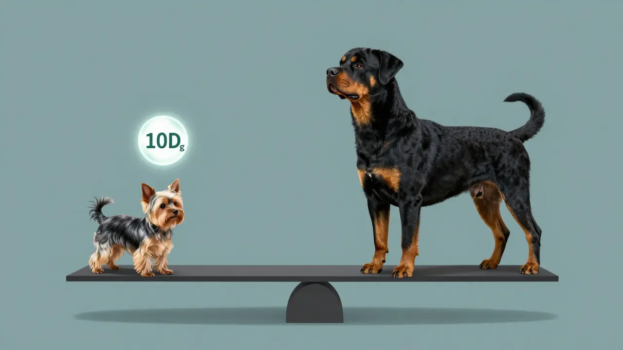 Váha s velkým a malým psem, 10 mg CBD přetíží malého psa, zatímco velký pes je vyvážený.