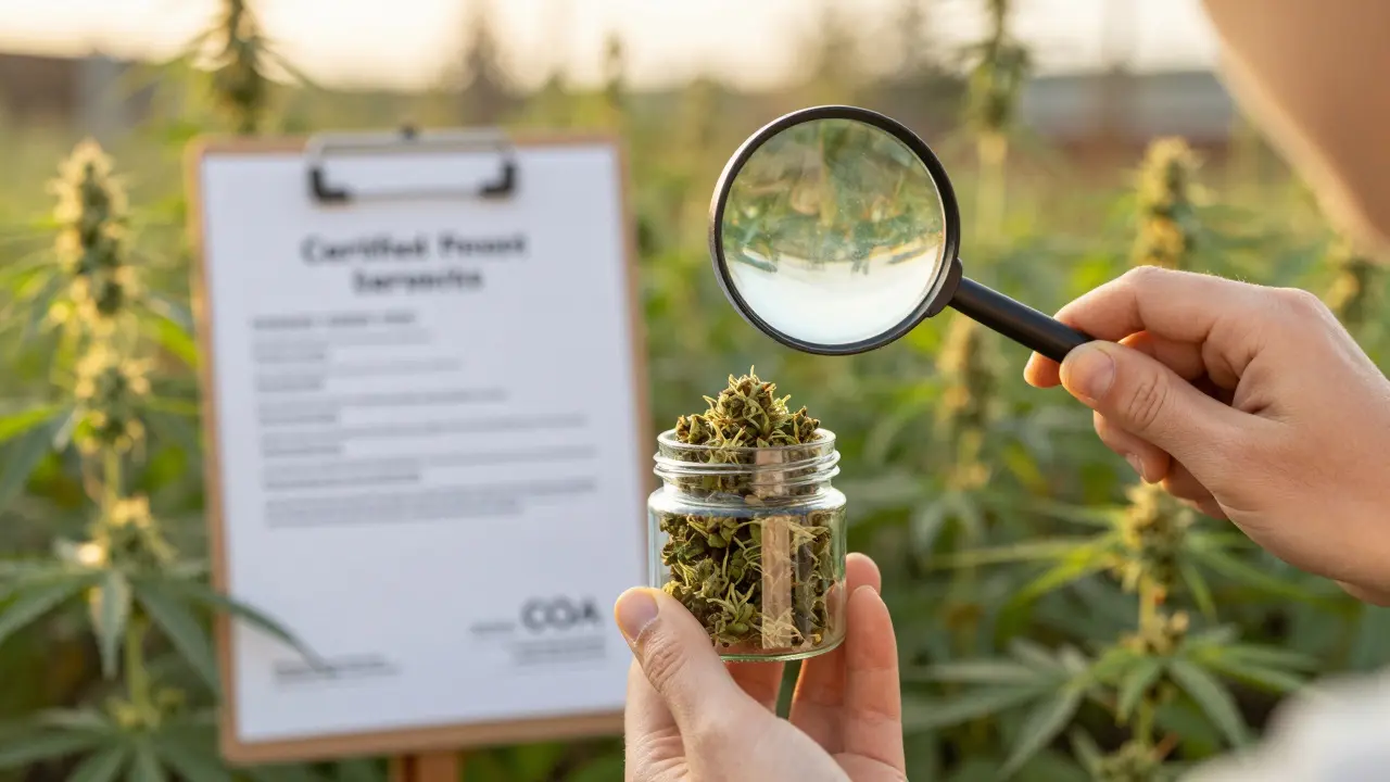 Zákazník drží certifikované konopné květy v české zahradě při západu slunce.