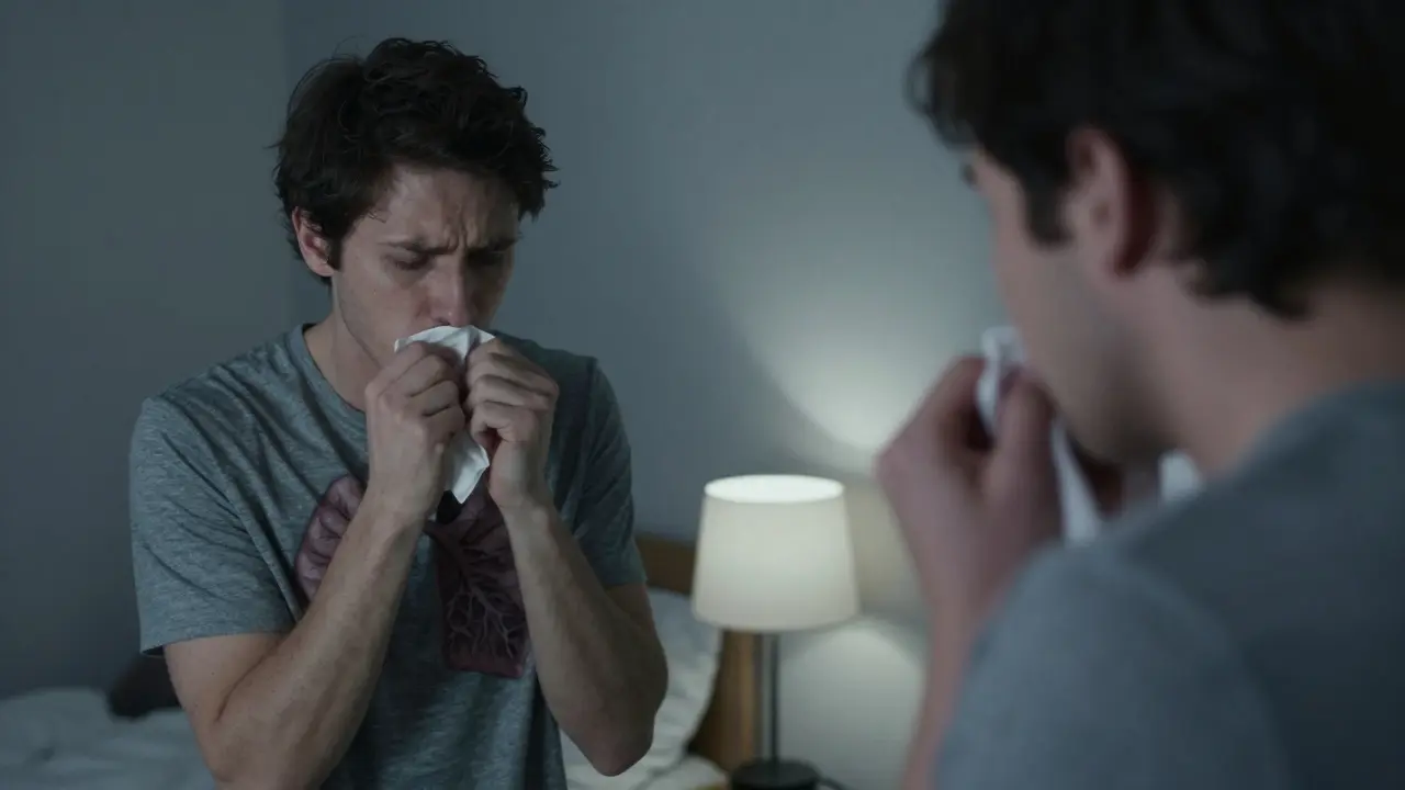 Člověk kašle do kapesníku, v zrcadle vidíme poškozené plicní dýchací cesty.