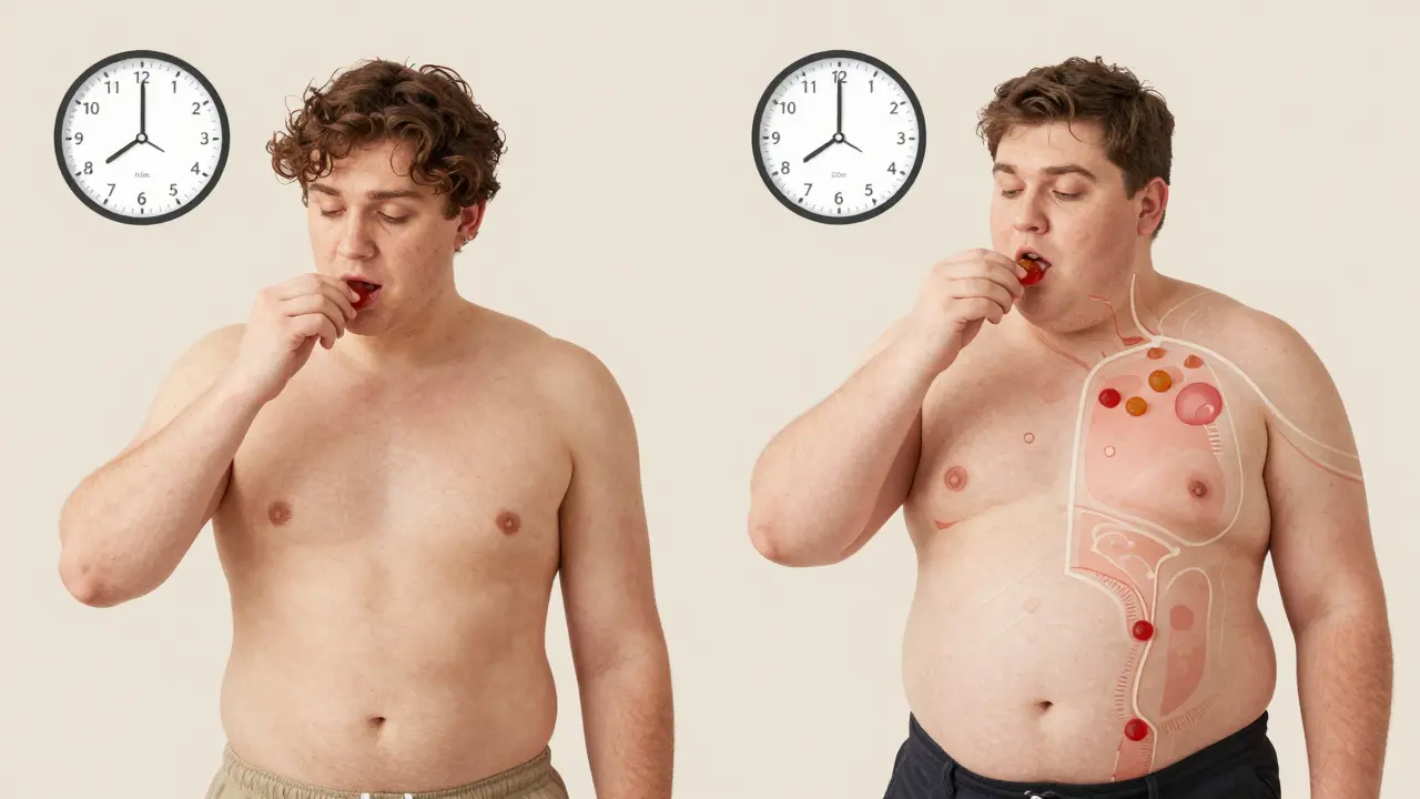 Dva lidé s různým metabolismem a stravováním, jak přijímají CBD gumičku s časovými ukazateli.