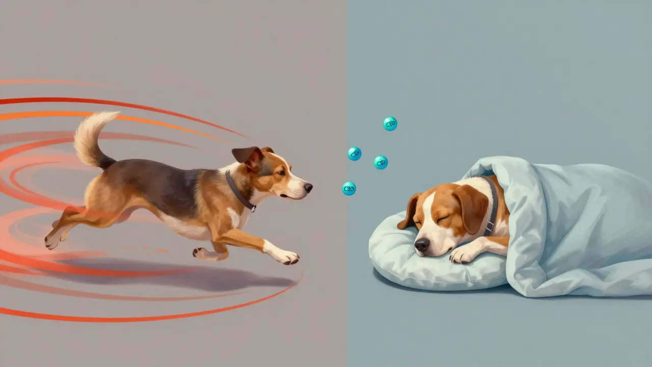 Dva stavy psa: chaos a klid, propojené symbolickými molekulami CBD.