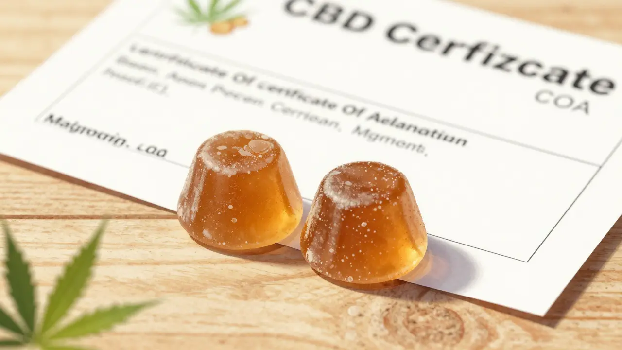 Dvě CBD gumičky na dřevěném povrchu vedle certifikátu analýzy s jemnými ilustracemi přírodních složek.