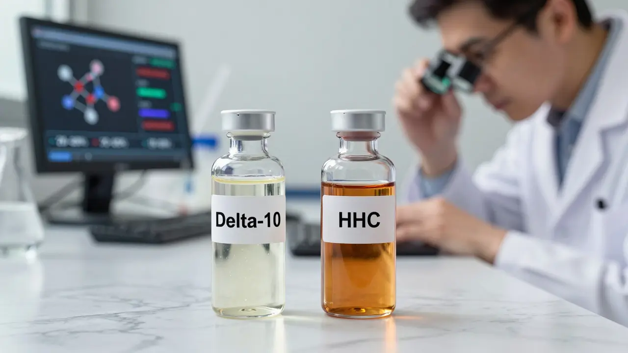 Dvě laboratorní lahvičky s delta-10 a HHC, viditelně odlišné barvou a intenzitou.