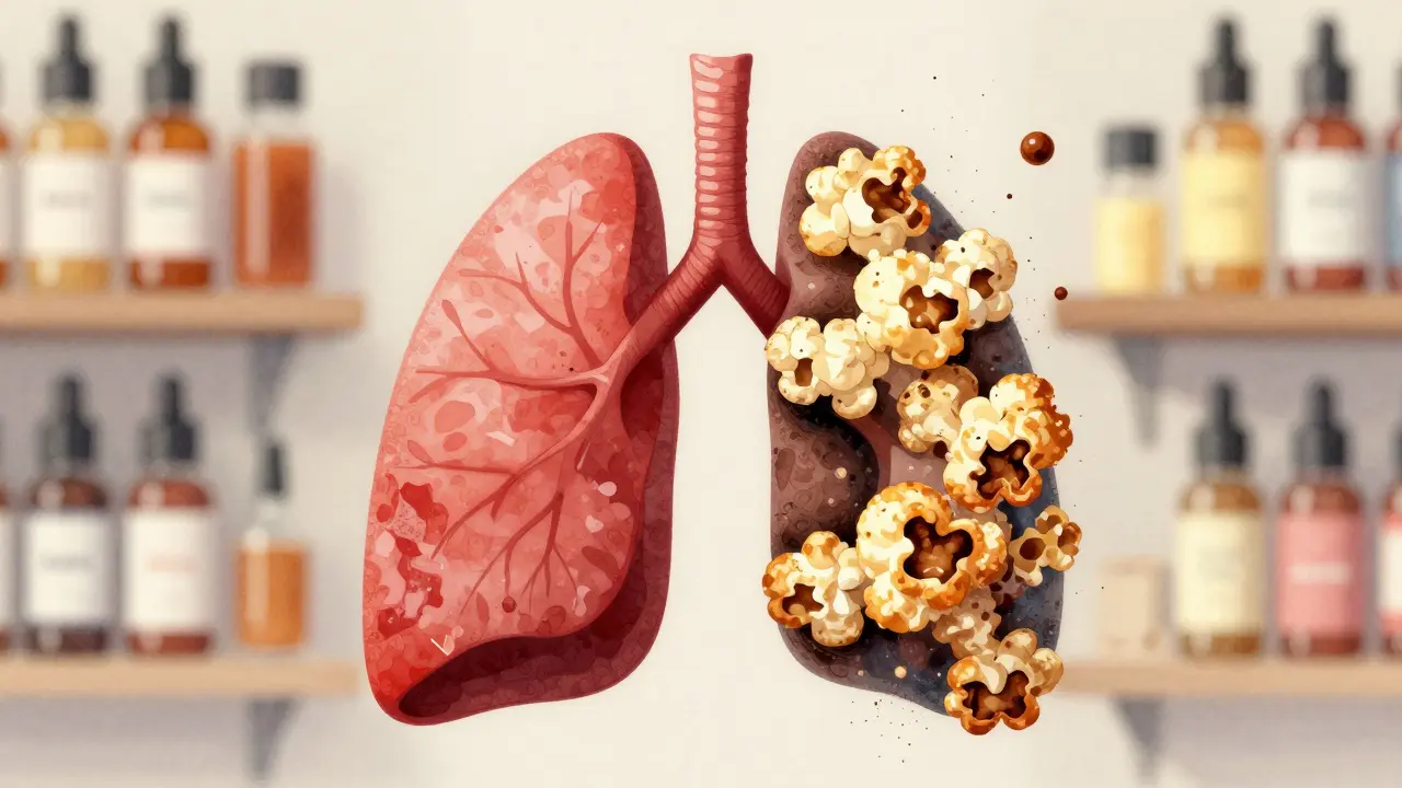 Dvě plicní tkáně: jedna zdravá, druhá poškozená jako popcorn, kolem nich plavou chemické molekuly.