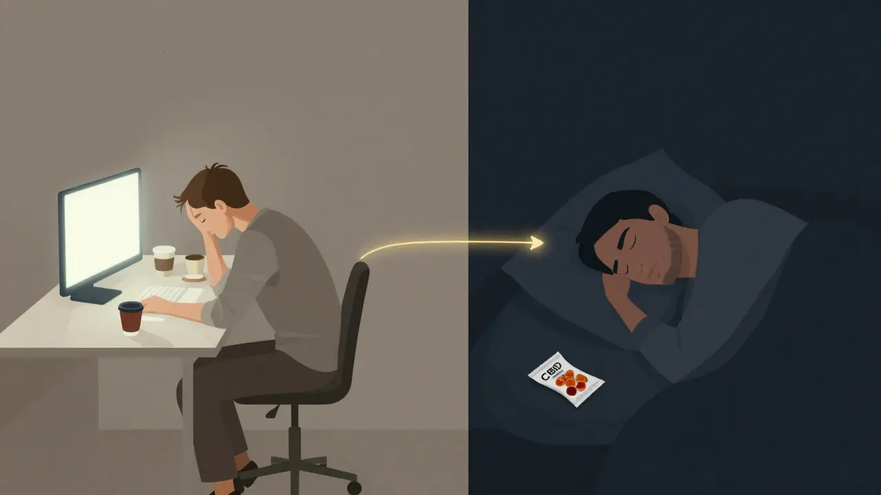 Dvě scény: stresovaná osoba před obrazovkami a stejná osoba klidně spící v tmavé ložnici.