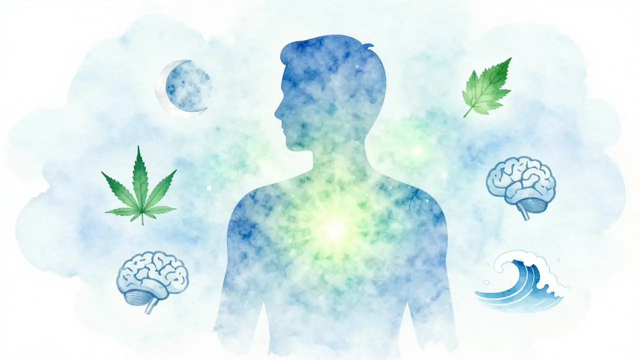 Klidná silueta postavy osvětlené jemným zeleným a modrým zářením, symbolizující účinky CBD a adaptogenů.