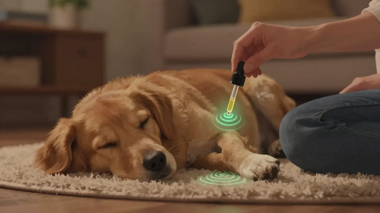 Klidný pes leží na koberci, zatímco CBD olej působí jemně na jeho náladu.