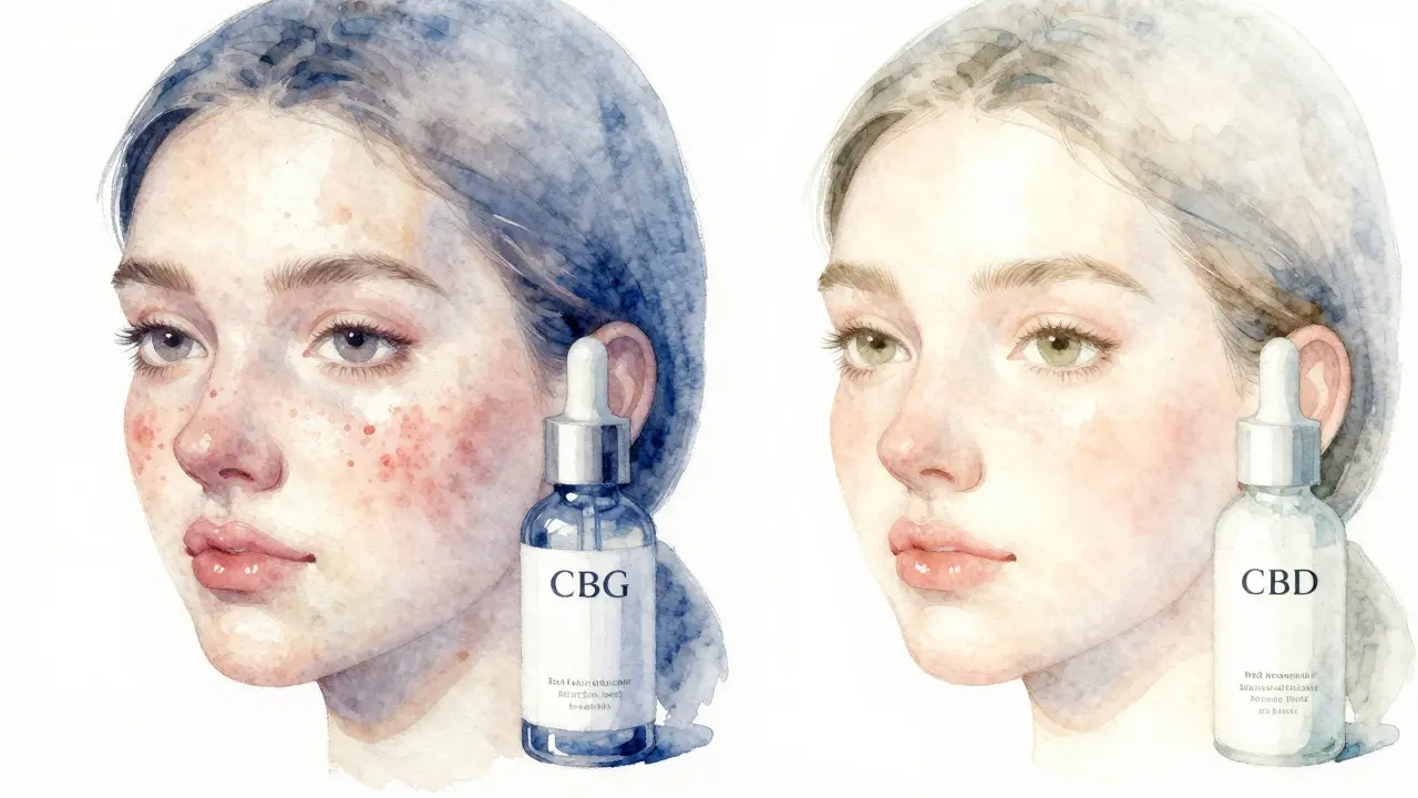 Levá strana: akné s CBG serumem, pravá hydratovaná kůže s CBD