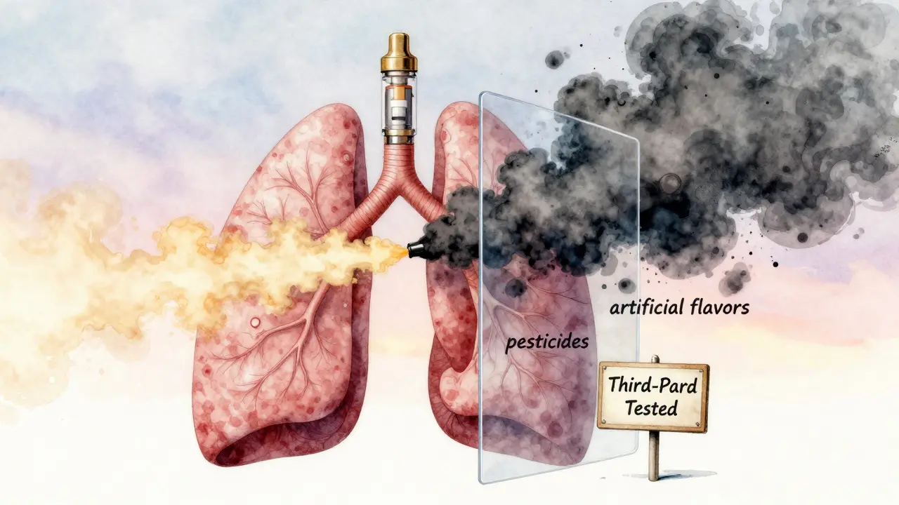 Lidské plici přijímající čistou CBD páru, zatímco škodlivé chemikálie jsou blokovány štítem.