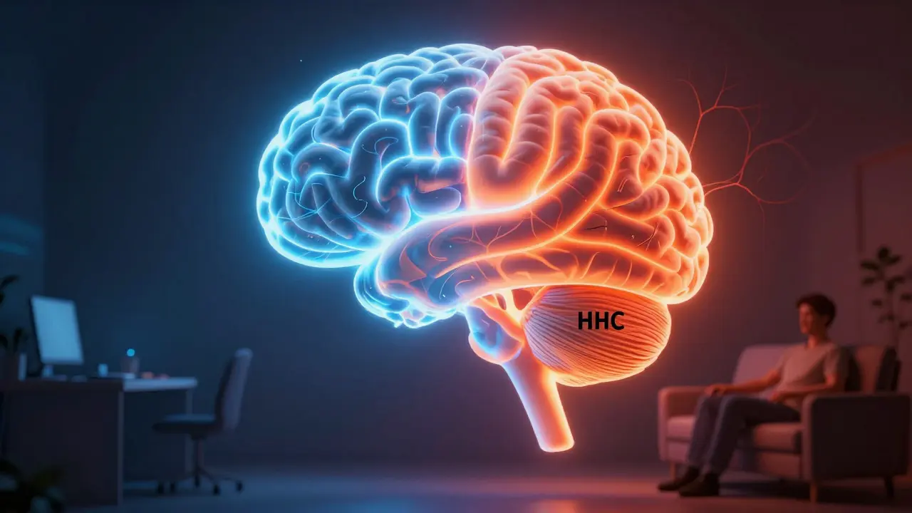 Lidský mozek s rozděleným světelným vyzařováním pro delta-10 a HHC.