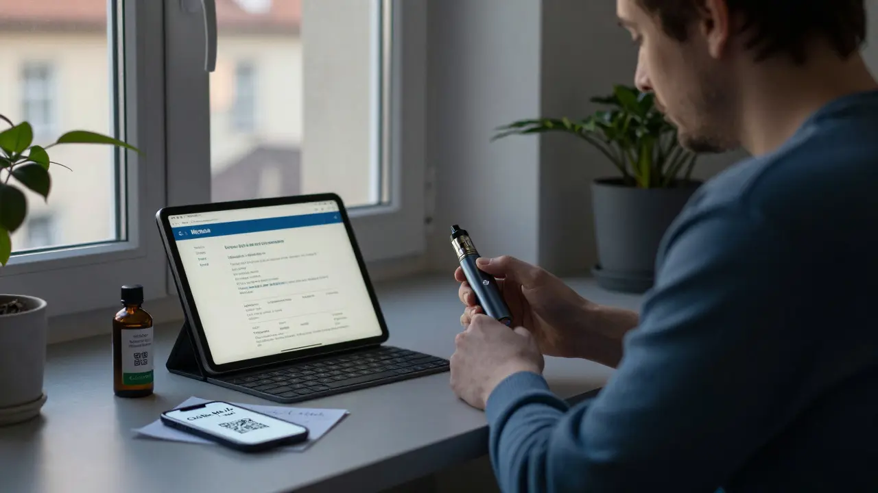 Osoba používající CBD vape v Praze s laboratorním certifikátem na tabletu a QR kódem na stole.