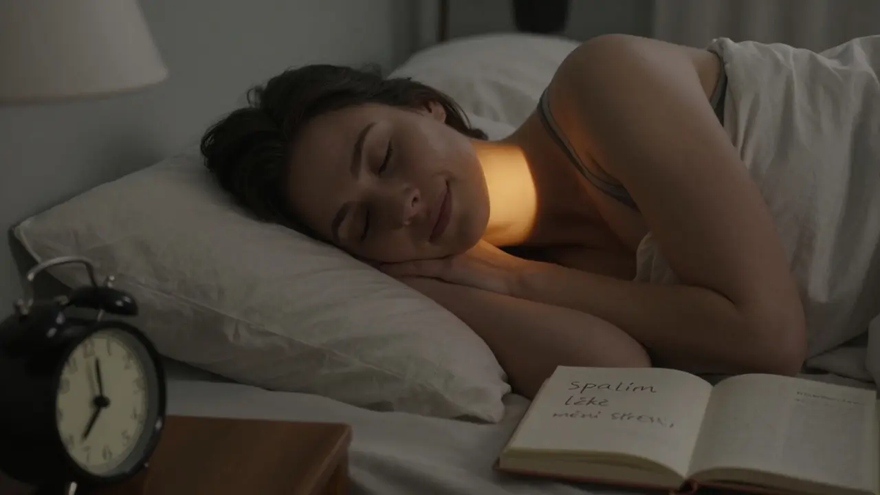 Osoba spí klidně v posteli s náznaky uvolnění a klidného spánku.