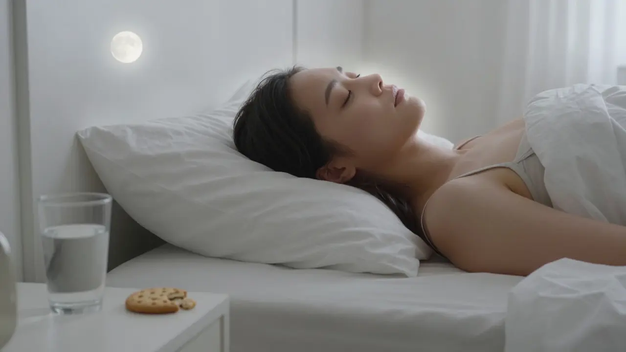 Osoba spí v klidu ve tmě, vedle ní sušenka a sklenice vody.