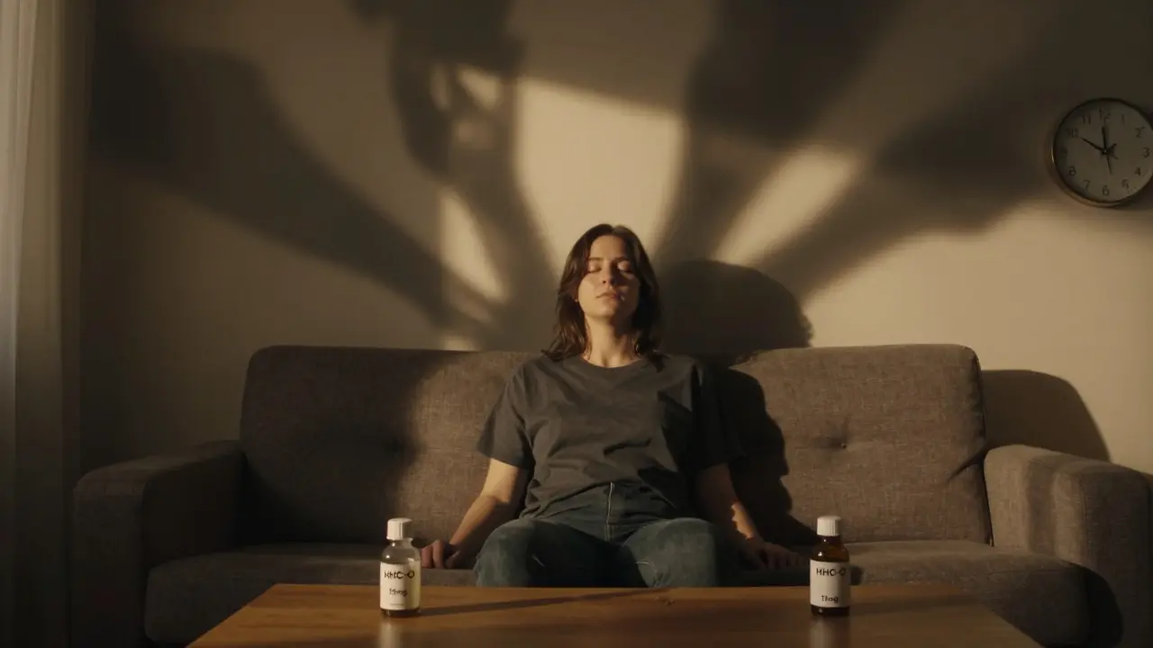 Osoba v klidu, obklopena těžkými stíny, které symbolizují intenzivní účinky HHC-O, s hodinami ukazujícími dlouhý trvání.