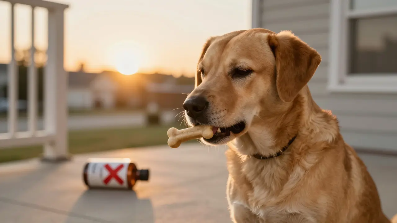 Pes klidně požírá CBD potravinu na verandě večer, zatímco láhev pro lidi leží opuštěná.