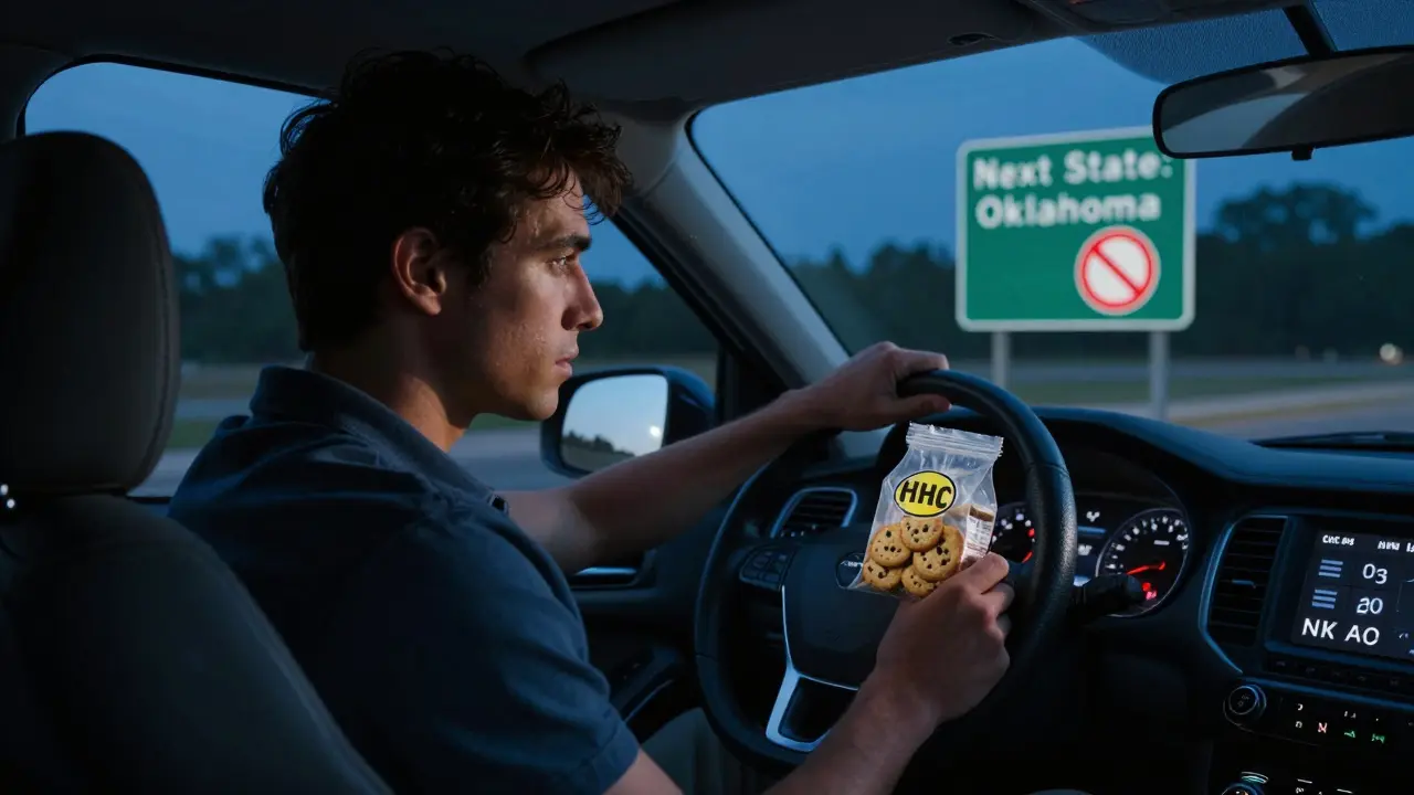 Řidič v autě při noční jízdě s pytlíkem HHC cookies na sedadle, zatímco za oknem je znak hranice státu s zakazujícím symbolem.