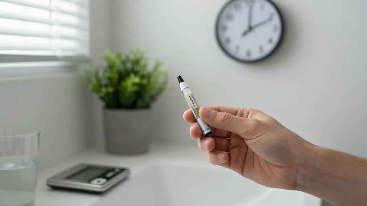 Ruka bere dvě pých z CBD kartridžu, vedle ní jsou vážka s 5 mg a hodiny ukazující 15 minut.